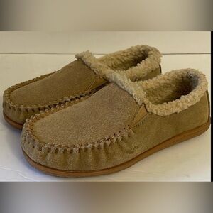 Minnetonka Suede Leather Moccasin Slippers‎ Faux Fur Lining Tan Brown Size 6M